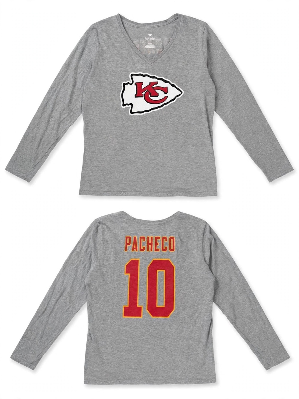 Fanatics Chiefs Pacheco 10 Shirt Womens L Gray KC Long Sleeve V-Neck Heather